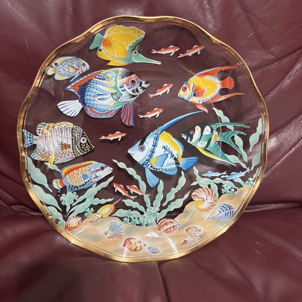 Lefton 1993 Glass Hand Painted Fish Scalloped Platter Plate Dish Artwork Vintage